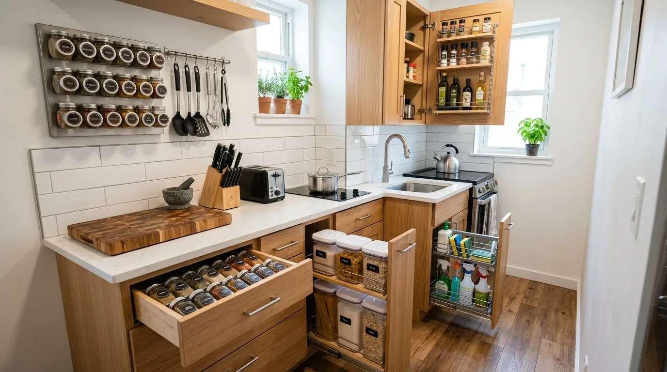 Use baskets and bins to contain moving categories inspiration for a compact home.